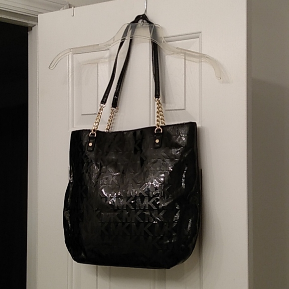 Michael Kors Handbags - Michael Kors MK Logo Chain Tote BLACK Patent Leather Bag Purse